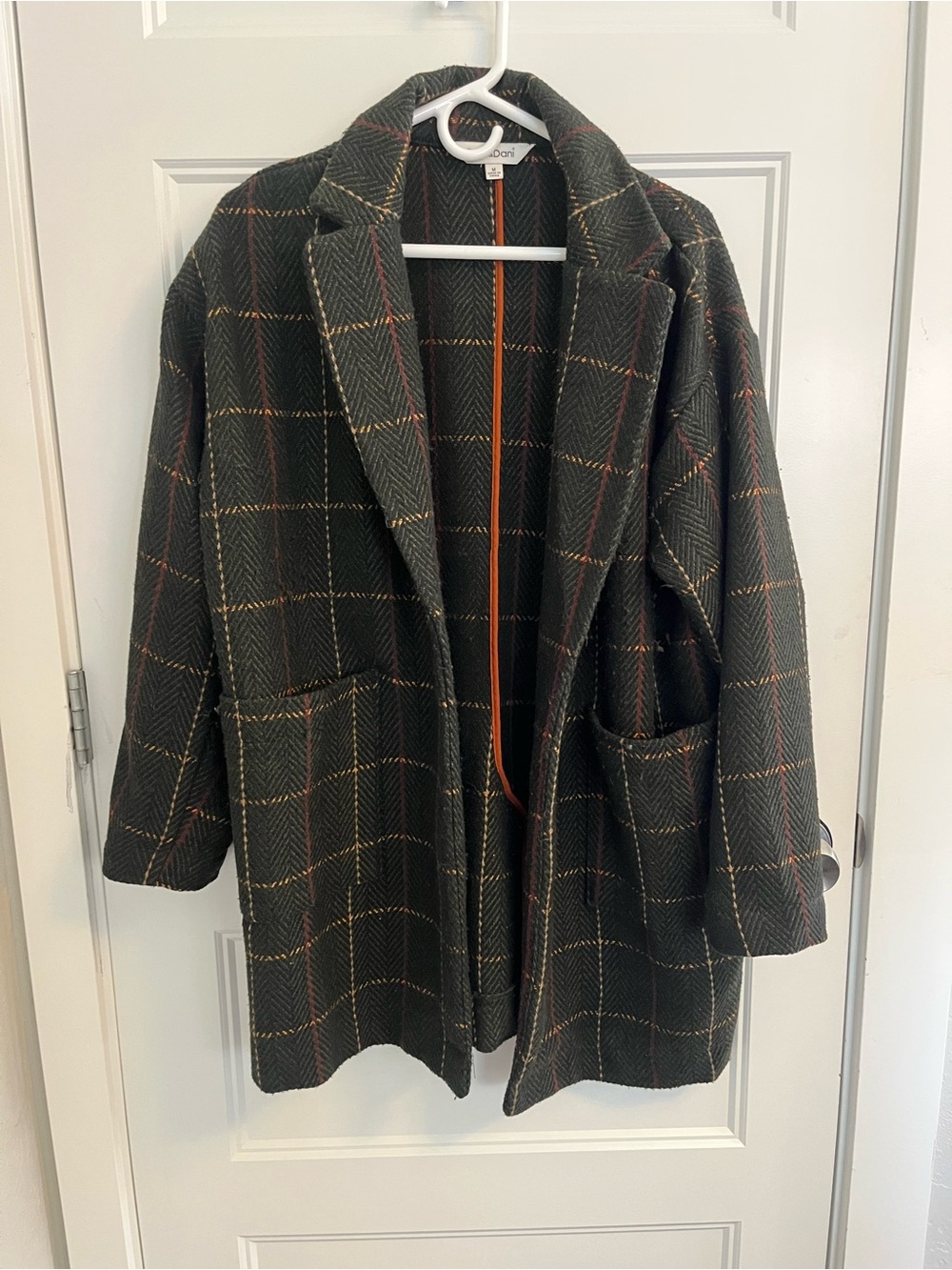 DAVI & DANI Dark Green Plaid Trench Coat with Orange & Cream Windowpane
